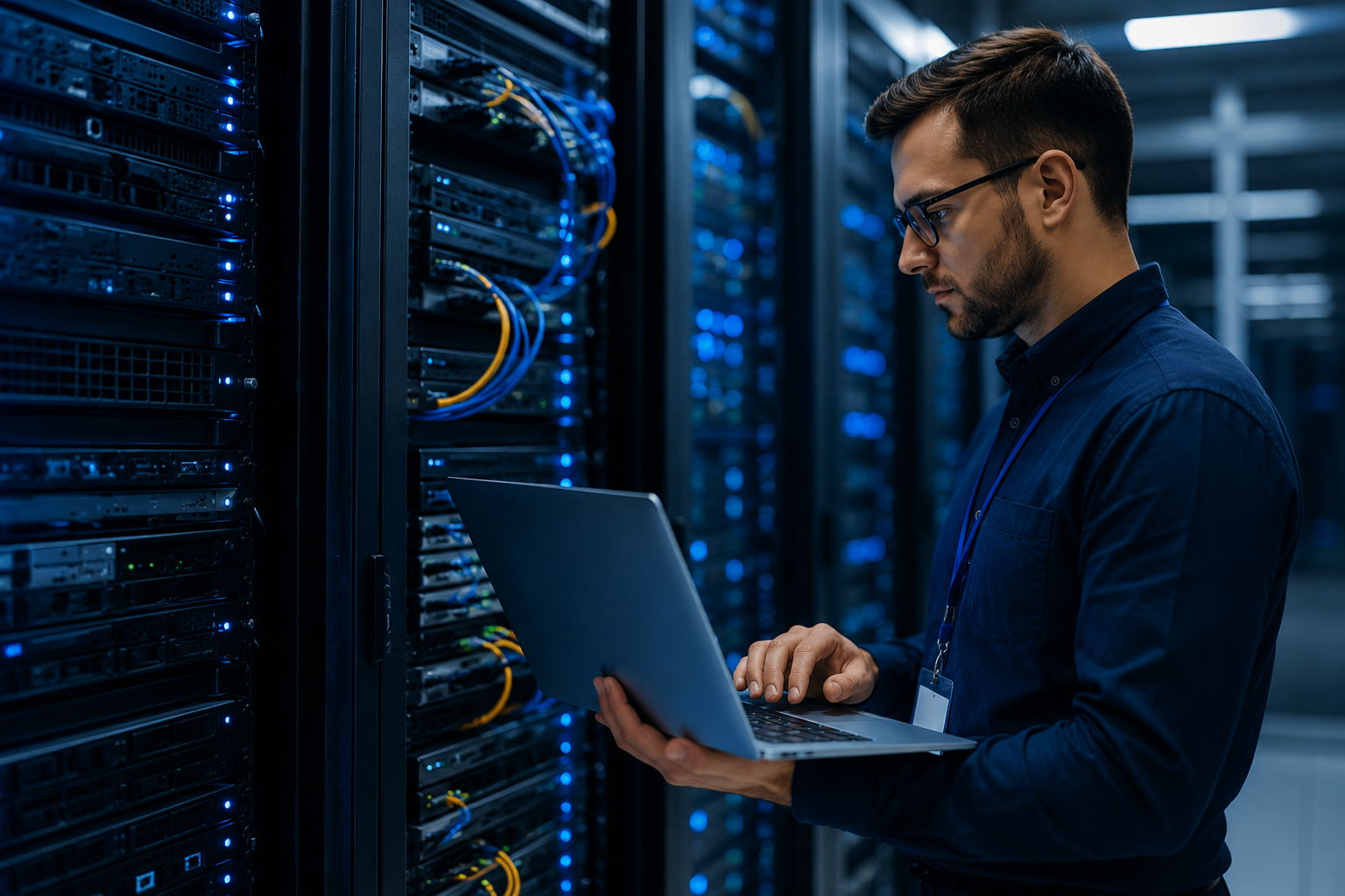 Technicien intervenant sur une infrastructure informatique